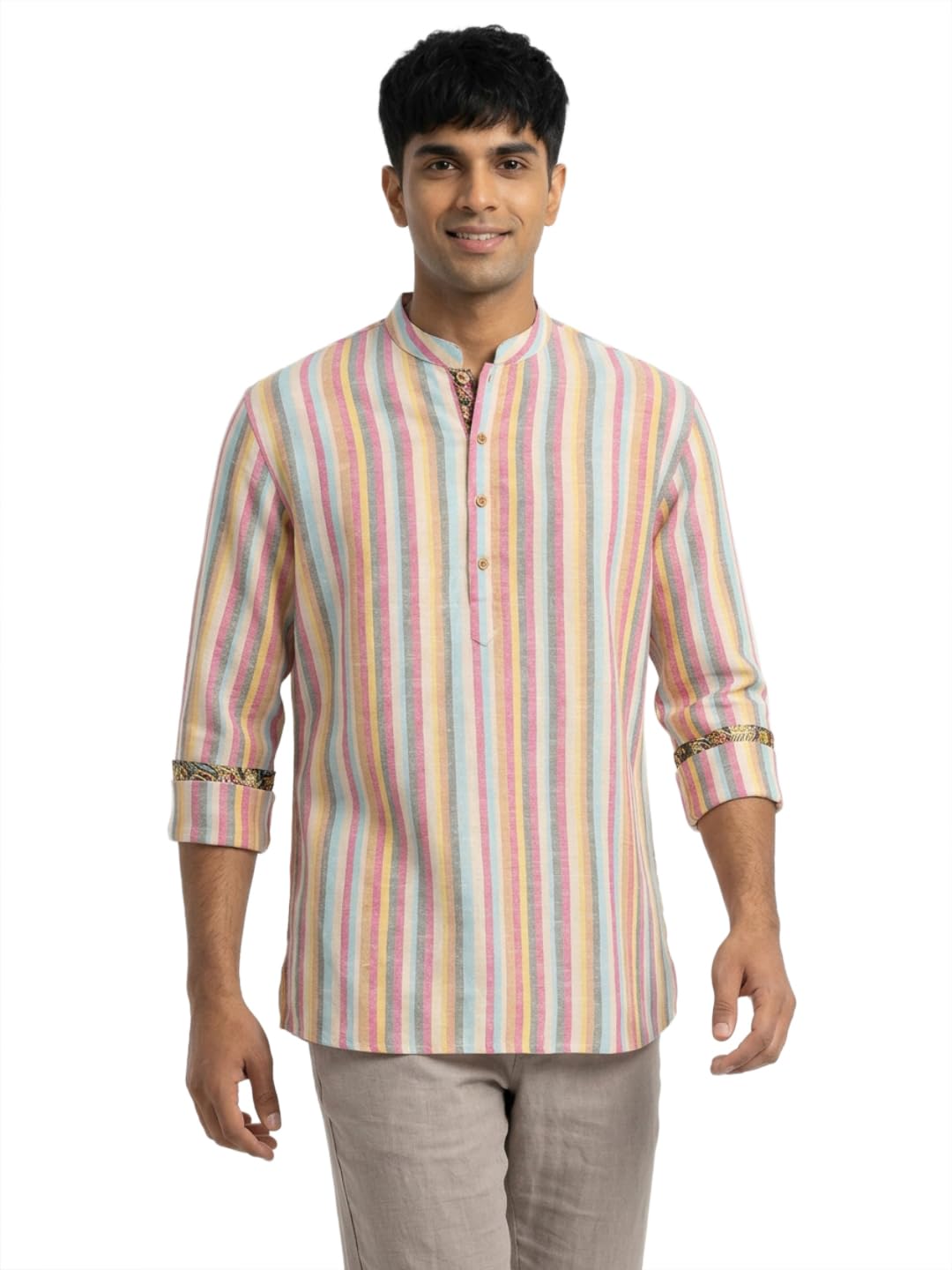 Men Regular Fit Striped Pattern Pure Cotton Mandarin Collar Full Sleeve Festive Short Kurta-picture-38