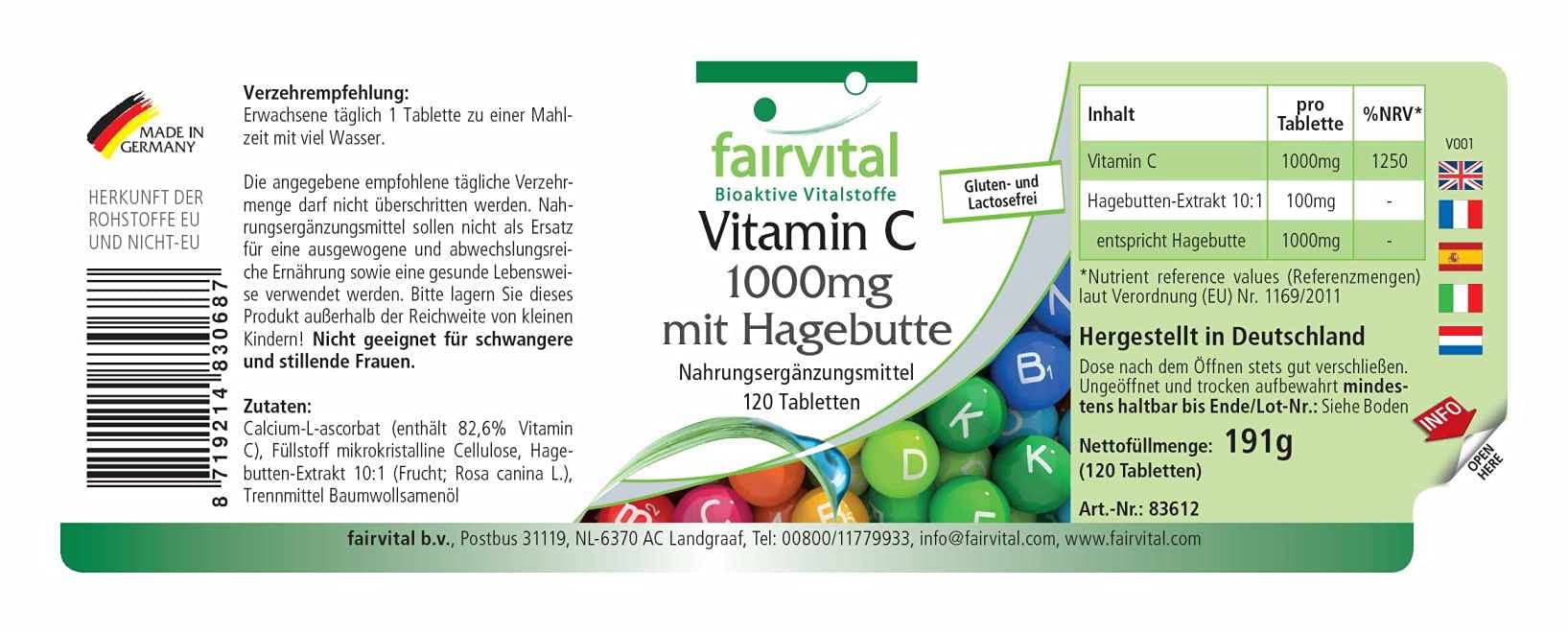 fairvital Vitamina C 1000 mg, 500 compresse, ad alto dosaggio e con rosa canina, VEGANA, facile da deglutire e delicata sullo stomaco, CONFEZIONE GRANDE