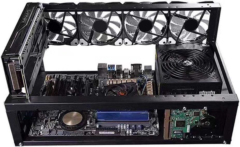 Yunseity Open Air Mining Frame Rig Case, SECC Mining Frame with 4 Lockable 12CM Fans for 6-8 GPUs, Compatible with ATX MATX Motherboards (Black)