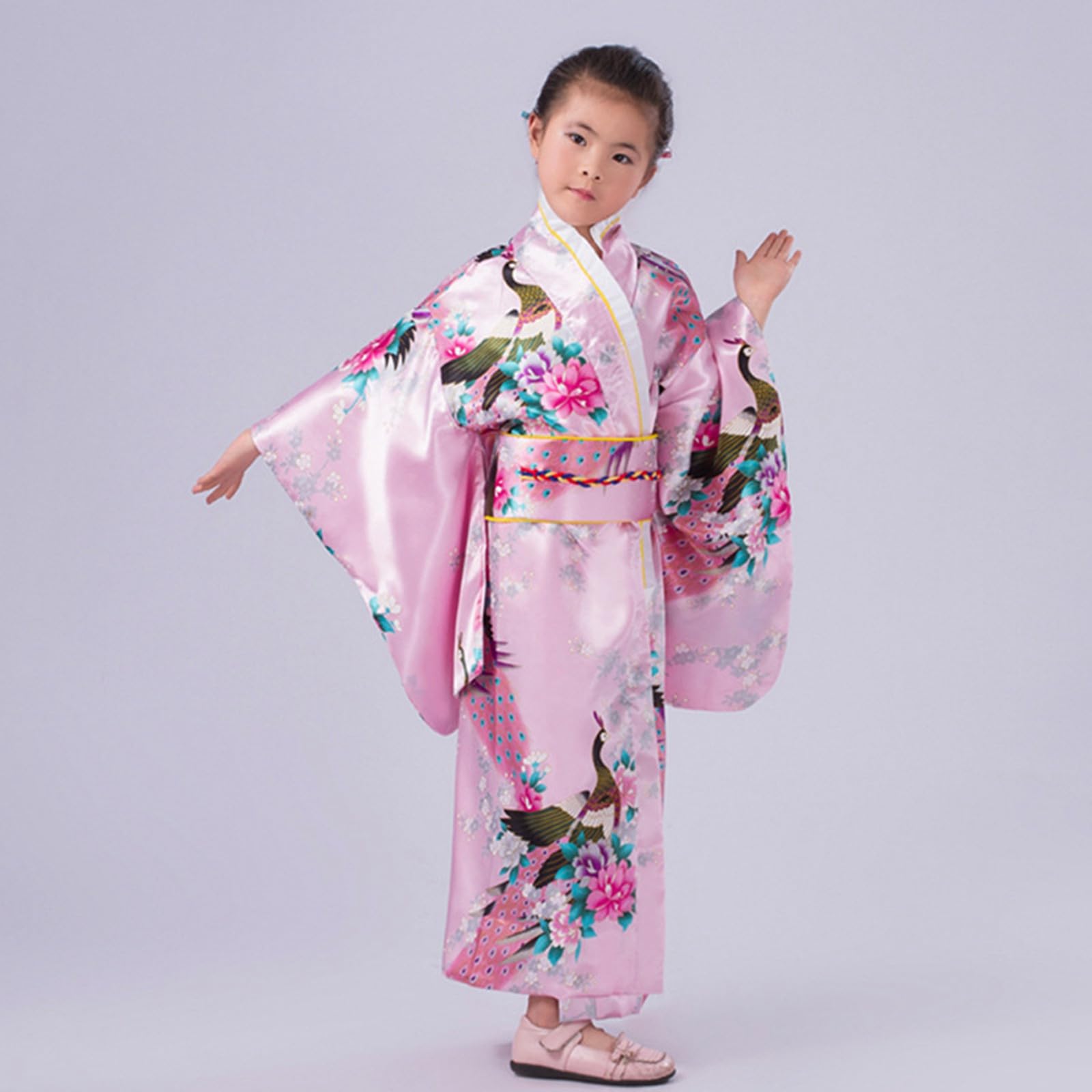 Générique Kimono Japonais Enfant Deguisement Chinoise Fille Imprimé Peignoir Long Robe Chinoise de Chambre Fille Gamins Traditionnel Classique Soie Tissu Peignoir Mariage Fête Performance Robes
