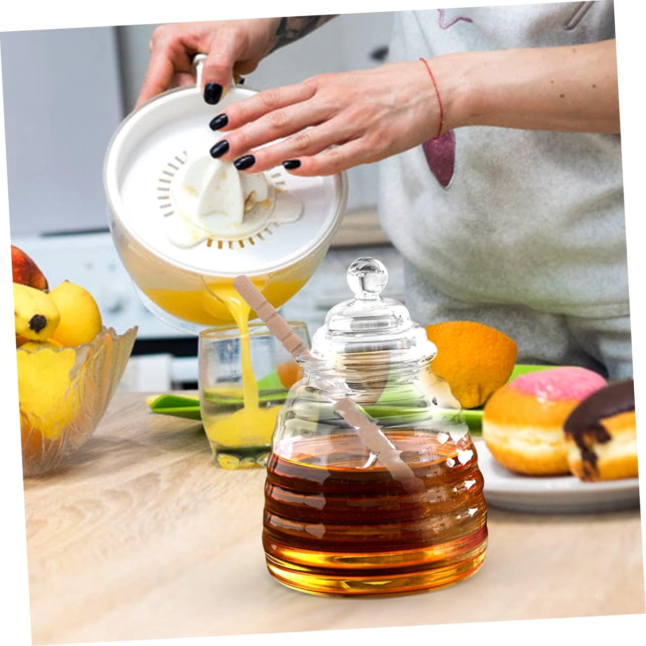 Honey Pot Honey Dispenser Home Syrup Jar Storage Holder Container Glass Storage Jar