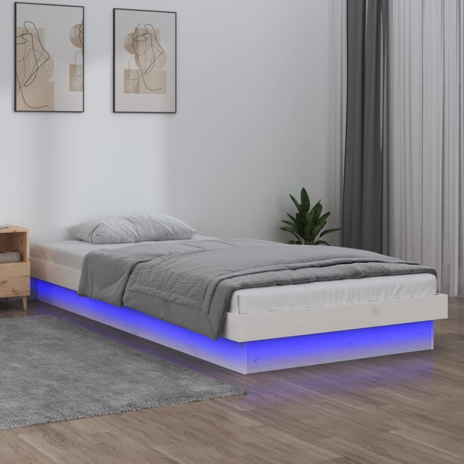 IKAYAA LED Bed Frame Single led bed Bed frame Single bed Strong Slats Support for Bedroom Solid Wood-white-75 x 190 cm