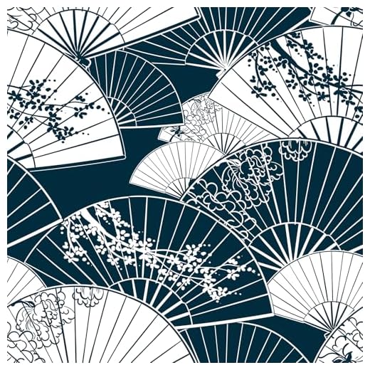 Decotalk Vintage Blue Wallpaper for Bathroom Japanese Fan Wallpaper Peel and Stick Blue White Fan Wall Paper Renter Friendly 17.5x120 Inch Vintage Contact Paper for Bedroom Retro Fans Wall Vinyl