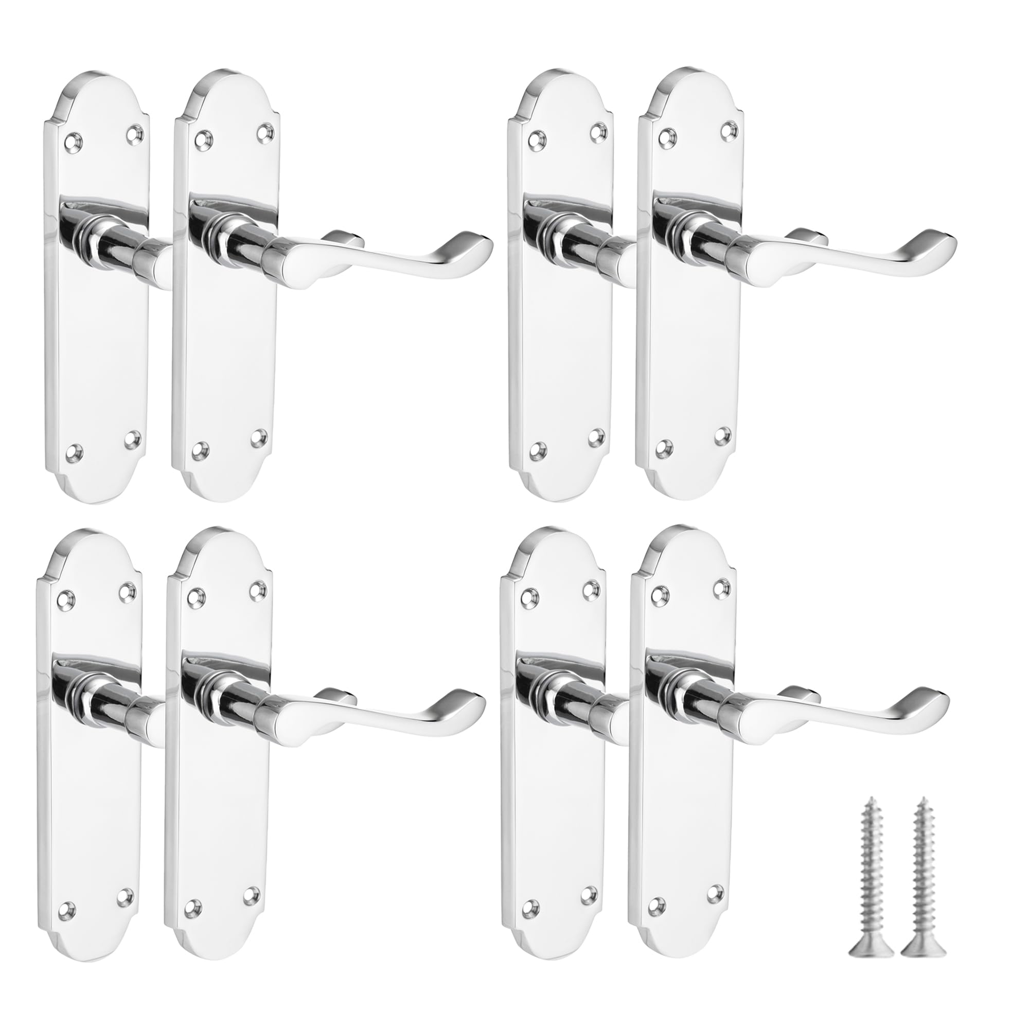 Xfort Chrome Richmond Lever Latch Scroll Door Handles, Set For Wooden Doors, Internal Handles, [4 Pairs] Polished