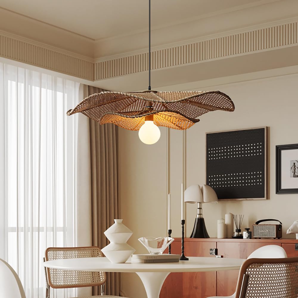 LYMSXAZOU Large Rattan Woven Pendant Light - Boho Farmhouse Chandelier for Dining Room, Kitchen Island, Living and Entryway(19.7in)