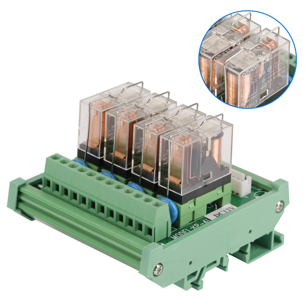 Hilitand Módulo de Interfaz de Relé de Potencia de 4 Canales, Montaje en Riel DIN, 16A DC 12V, Indicador LED, Compatible con PNP / NPN