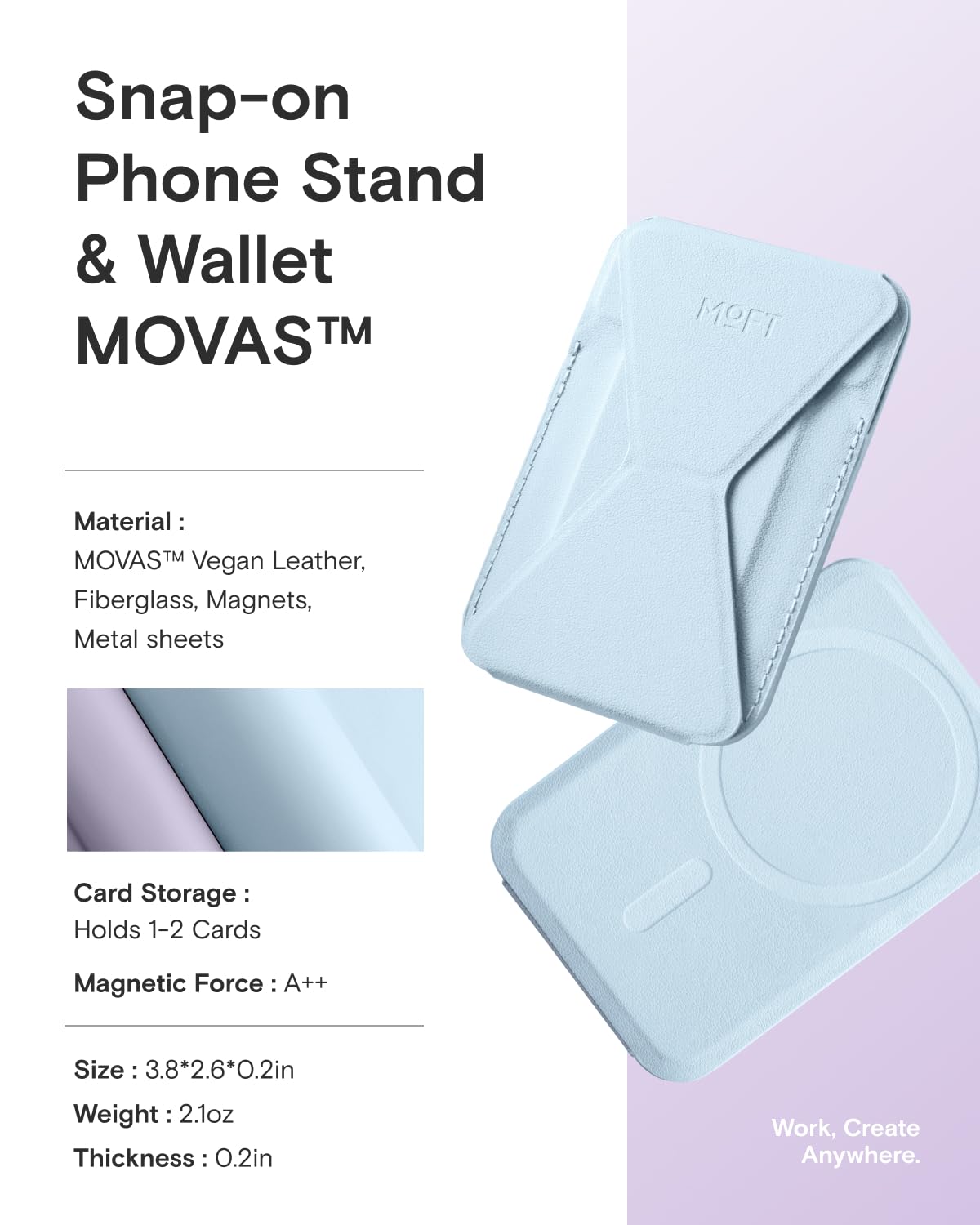 MOFT MagSafe Portafoglio Supporto per iPhone Serie 16/15/14/13 Compatibile con MagSafe, MOVAS Pelle Vegana Supporto Magnetico per Telefono con 3 Angoli di Visione, 2 Porta Carte (Nebbia Lenitiva)