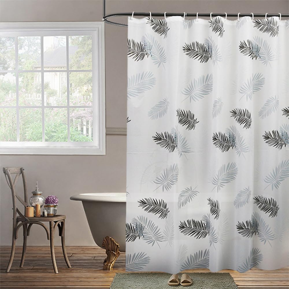 Lkw Ogechi Shower Curtain PEVA 240x180 CM Black Leaves, 300 CM Extra Wide Shower Curtain Waterproof Mould Proof, SemiTransparent White Bath Curtain Quick Drying with Plastic Hooks, for Wet Room