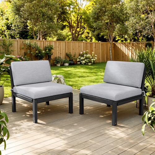 Image of Outdoor Patio Chairs Set of 2, HIPS Modular Sectional Seatings & Thick Cushions- Side Interlock Easy to Connect, Weatherproof Patio Furniture Set for Backyard, Deck, Poolside (Black)