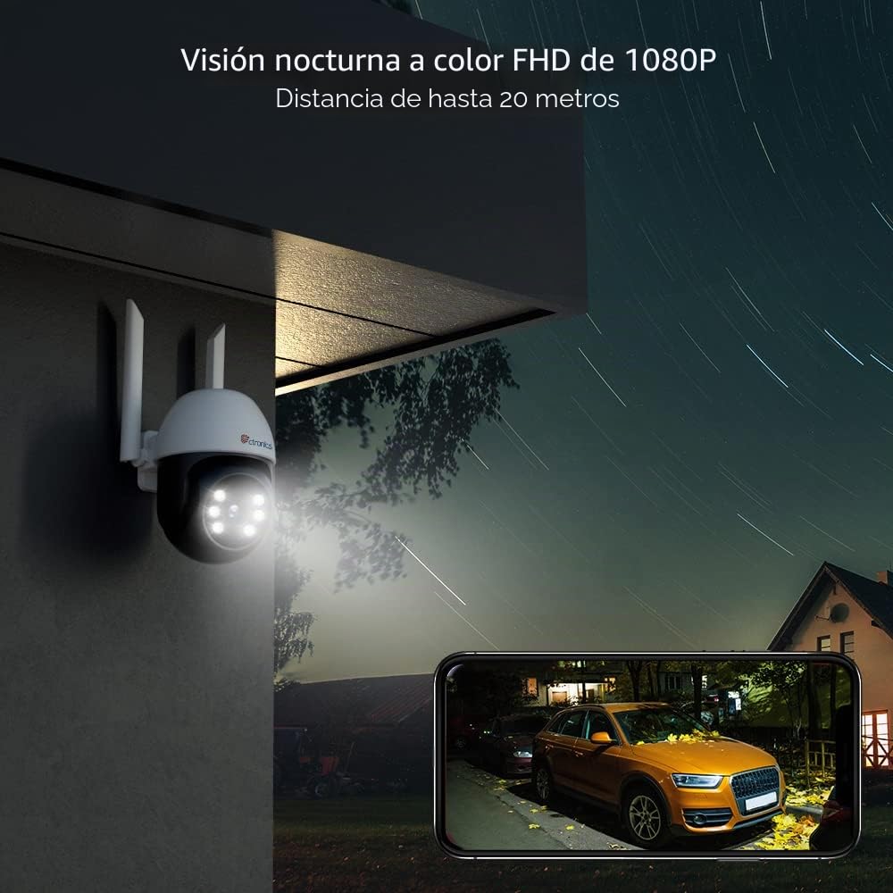 Ctronics Kit Camara Vigilancia WiFi Exterior, PTZ Camara de Vigilancia con Visión Nocturna en Color, Detección de Personas Seguimiento Automático, 24/7 Grabación Continua, Audio Bidireccional