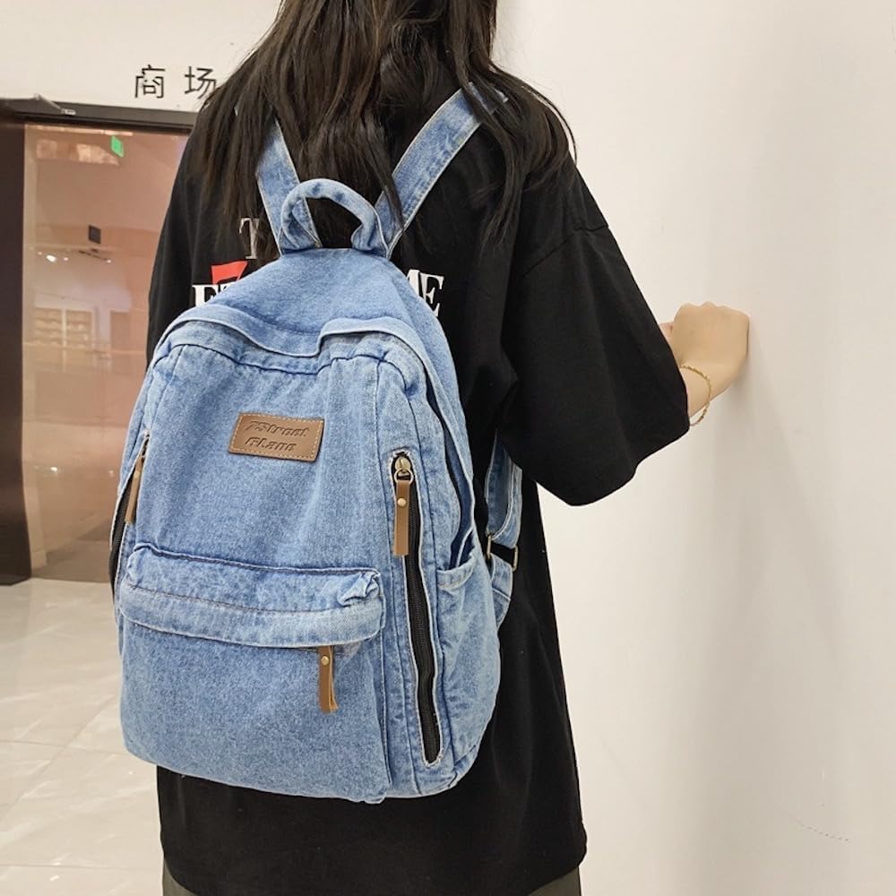 JHTPSLR Denim Preppy Backpack Casual Vintage Aesthetic Daypack Book Bags Supplies (Light Blue)