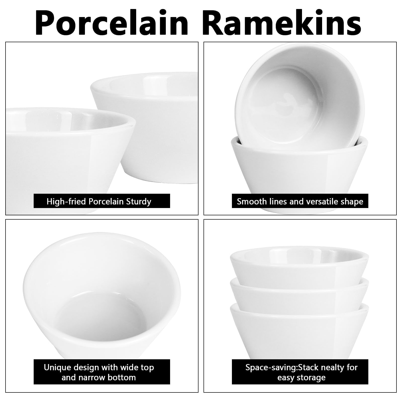 Lot de 18 Ramequins en Porcelaine Blanche 240 ml, Petits Bols à Dessert, Coupelles pour Glace, Sauce, Apéritif, Snacks et Fruits, Empilables, Compatibles Micro-ondes, Four et Lave-vaisselle