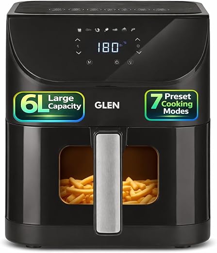 Glen Digital Air Fryer 6L | 1500W | Temperature & Timer Control |7 Preset Menu & Digital Display | Multi-Function Glass Airfryer, Bake, Grill, Fry…