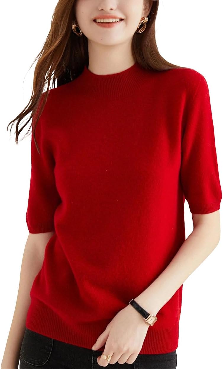 Women's Turtleneck Short Sleeve Sweater 100% Merino Wool Pullover Knit Top Casual Jumper