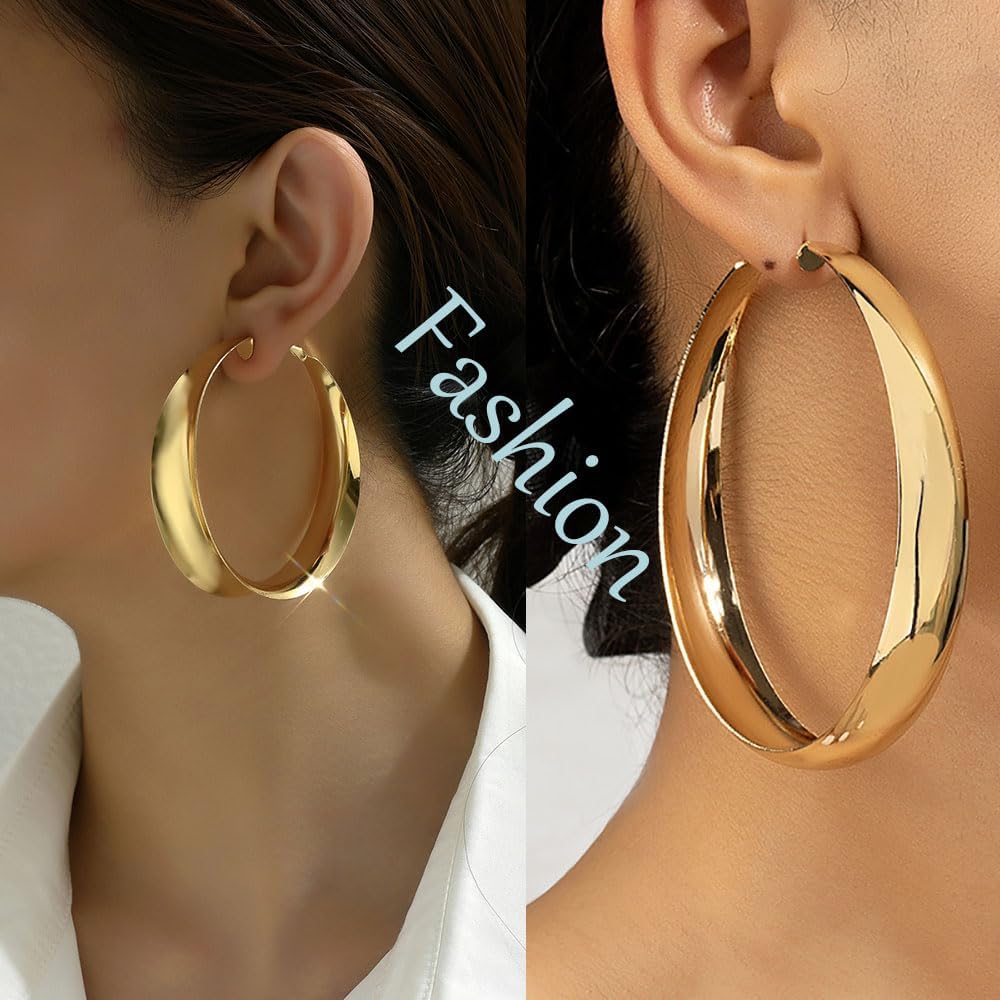 Gold Chunky Hoop Earrings for Women Exaggerated Large Hoop Gold/Silvery Statement Earrings Minimalist Polished Wide Post Thick Earrings Trendy Prom Jewelry for Women - Image 3