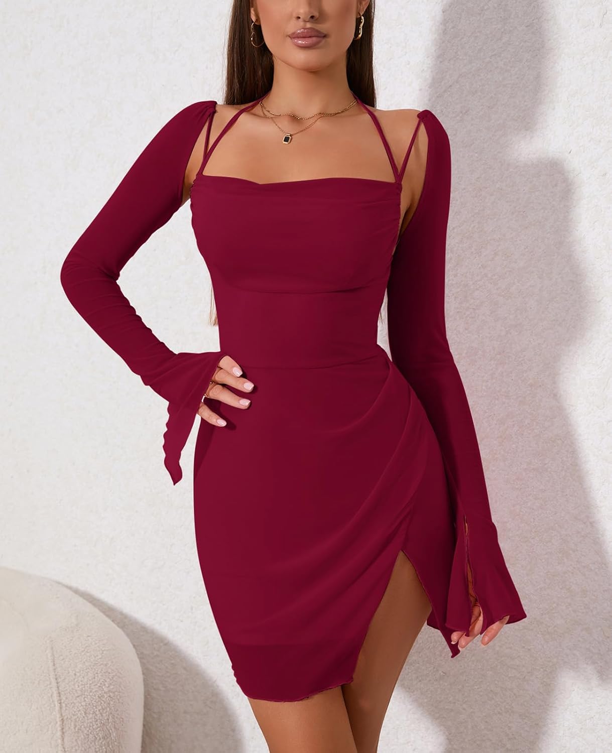 HTZMO Sexy Women's Halter Flounce Sleeves Ruched Mini Dress Sheer Mesh Side Split Cute Party Short Dresses - Image 3