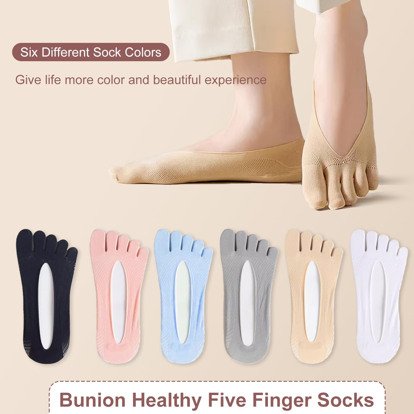 MoHern 6 Paar Zehensocken für Ballenzehen, Damen Fünf Finger Low Cut Sockalign USA Zehensocken, rutschfest und atmungsaktiv Ballenzeh-Korrektor