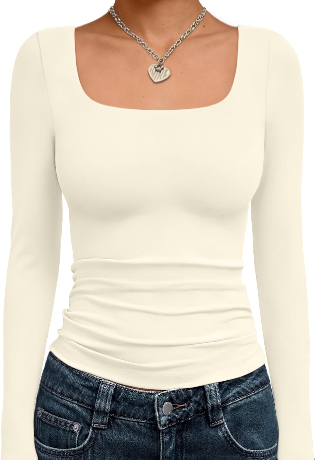 Womens Square Neck Long Sleeve Double Lined Slim Fit Tops