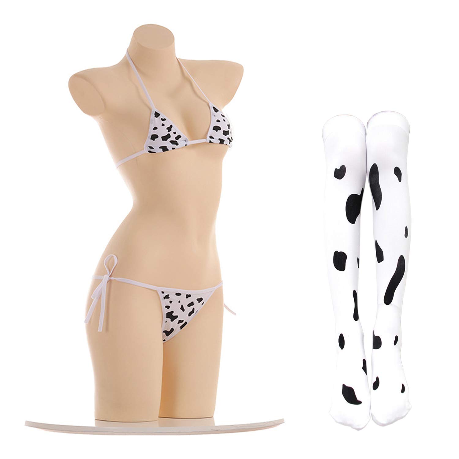 SINROYEE Kostium cosplay anime seksowna mini krowa bikini zestaw bielizny strój pokojówki dalmatyńskie mleko lampart strój kąpielowy, Zestaw biustonoszy bikini i pończochy krowa, rozmiar uniwersalny