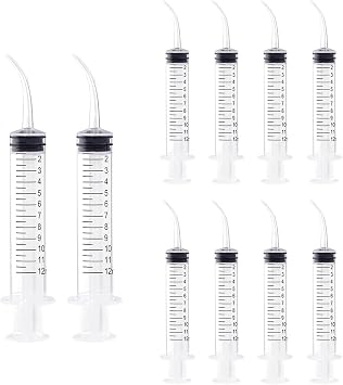 Easyinsmile 10PCS Dental Syringes with Curved Tip or Straight Tip Disposable for Oral Dental Care 12ml Dental Irrigation Syringe with Measurement Curved Tip