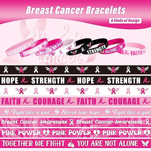 50pcs Breast Cancer Awareness Accessories, Rubber Breast Cancer Awareness Bracelets Bulk, Motivational Breast Cancer Wristband with HOPE STRENGTH FAITH COURAGE, Bracelets for Women Party Favor Stuff2