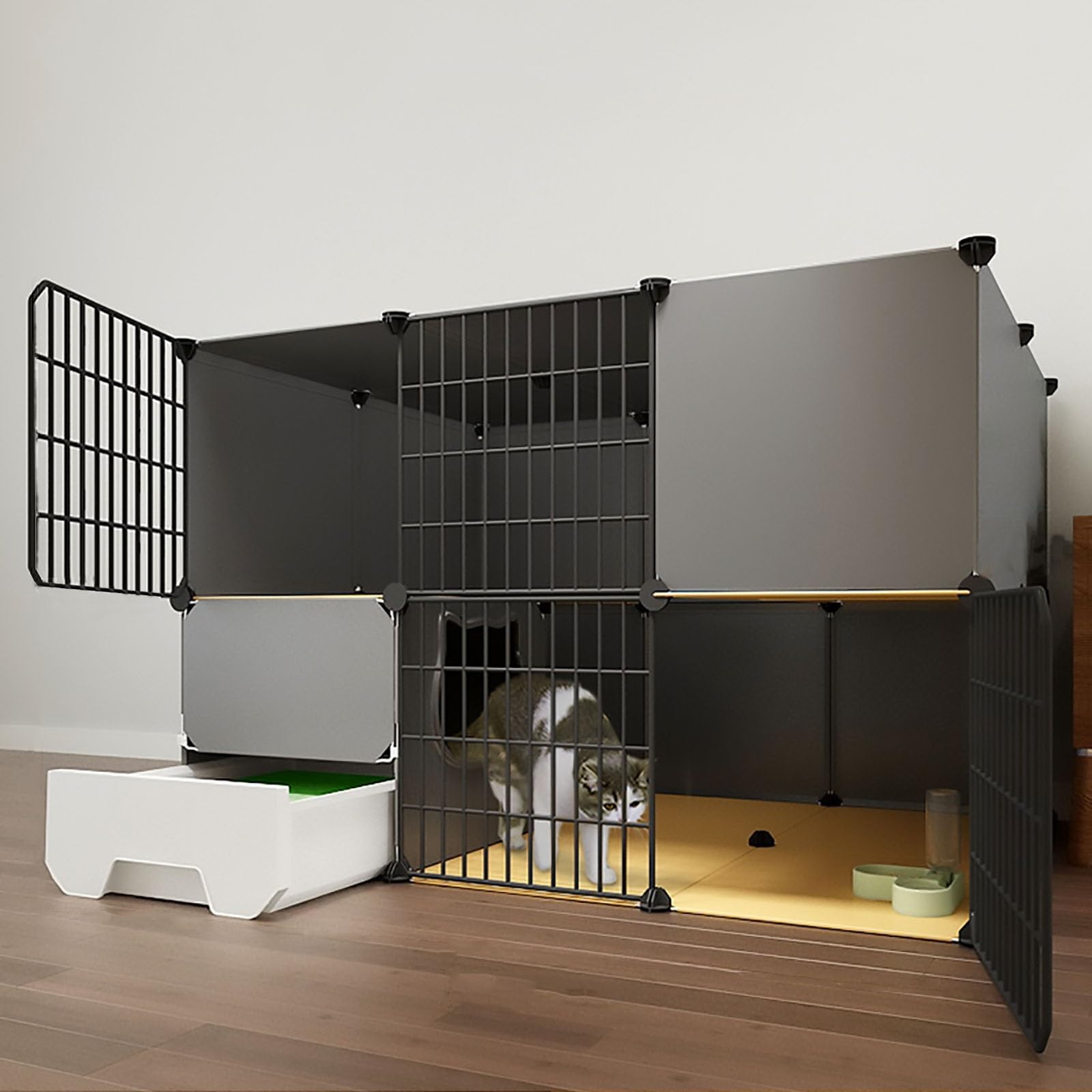 Gabbia per Gatti, Gabbia per Gatti Grande - Box per Gatti Fai-da-Te a 2 Livelli per Interni con lettiera Integrata, Design spazioso per Gatti (Dimensioni: Nero 111x95x75) - Perfetto per l'us