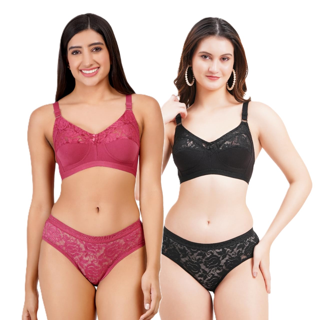 Women's Lace Lingerie Set, Non-Padded Bra and Panty, Onion Pink and Black, Pack of 2-image-46