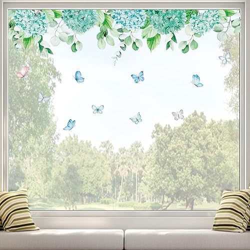 duahappy Adhesivo de pared de hortensias para ventana, PVC de doble cara con hojas de eucalipto y mariposas florales, anticolisión, calcomanías