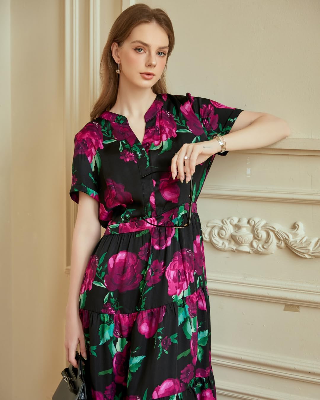 SIXDO G-Black Floral Silk Flared for Women, Graceful and Lightweight for Romantic Spring and Summer Days Dress - Image 6