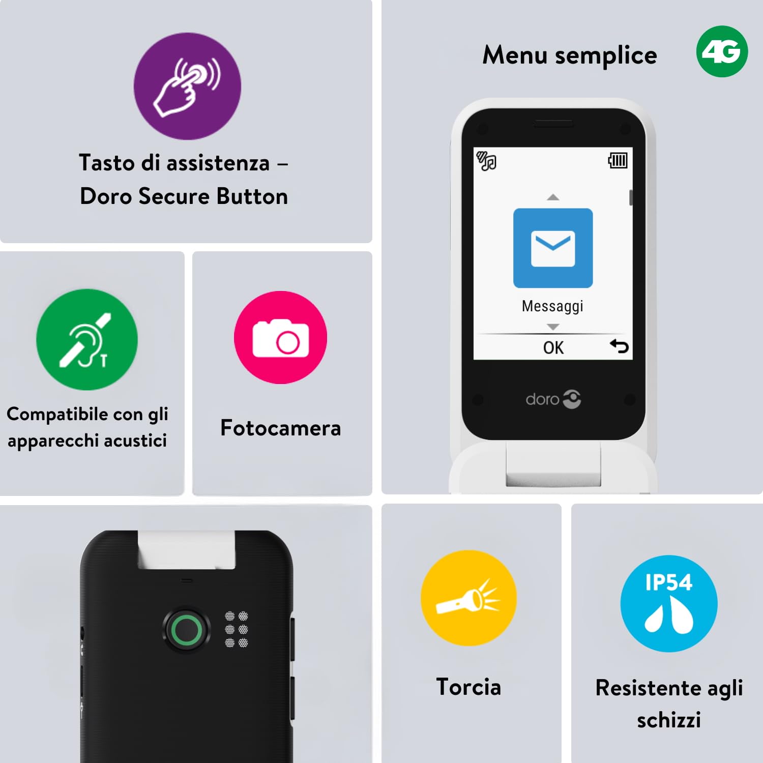 Doro Leva E30, Cellulare per Anziani 4G a Conchiglia, Display 2.8" + Schermo Esterno, Tasti Grandi, Audio Chiaro, Tasto SOS, Nero/Bianco