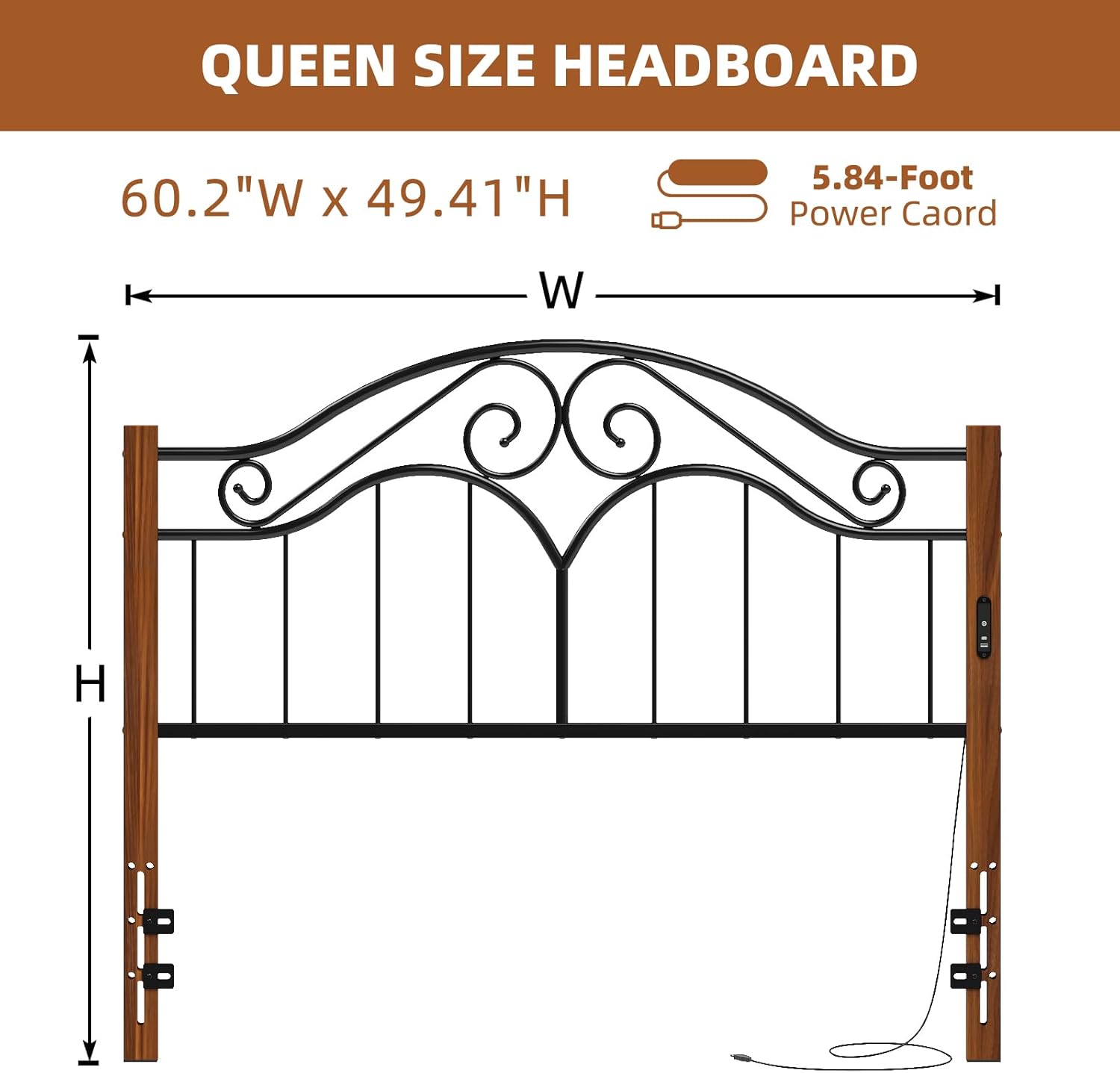 Elephance Headboard for Queen Size Bed Frame with Charging Station,USB and Type C Ports, Adjustable Height,Vintage Platform Bed Queen Headboard Only, Easy Assembly,Black