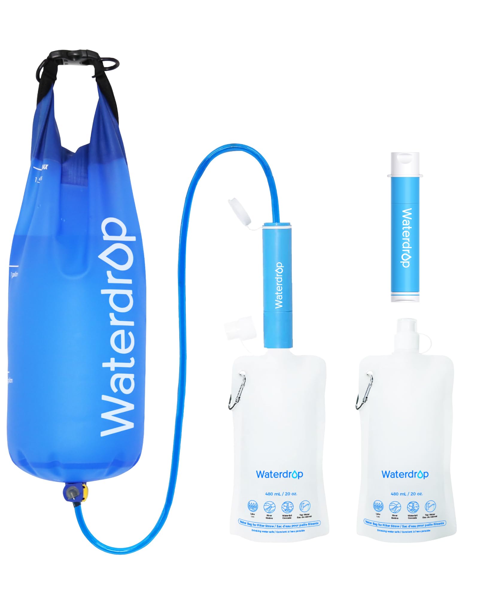 Waterdrop Gravity Water Filter Straw, Camping Water Filtration System, Water Purifier Survival for Travel, Backpacking and Emergency Preparedness, 1.5 gal Bag, 5 Stage Filtration, Pack of 2