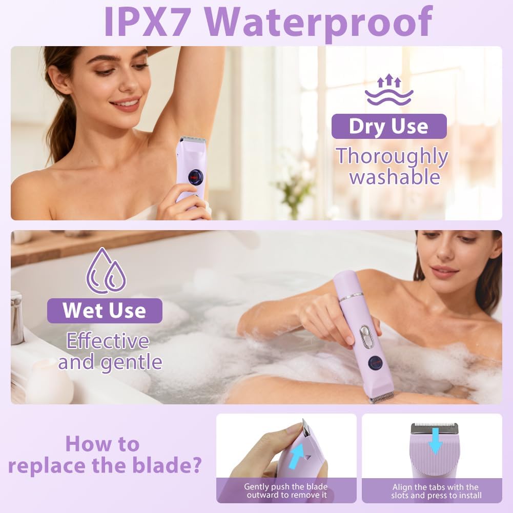 Abnaok 4-in-1 Electric Razors for Women, Cordless Electric Razors for Body Hair, IPX7 Waterproof Bikini Shaver with Replaceable Blade Heads & LED Display for Face/Underarm/Leg