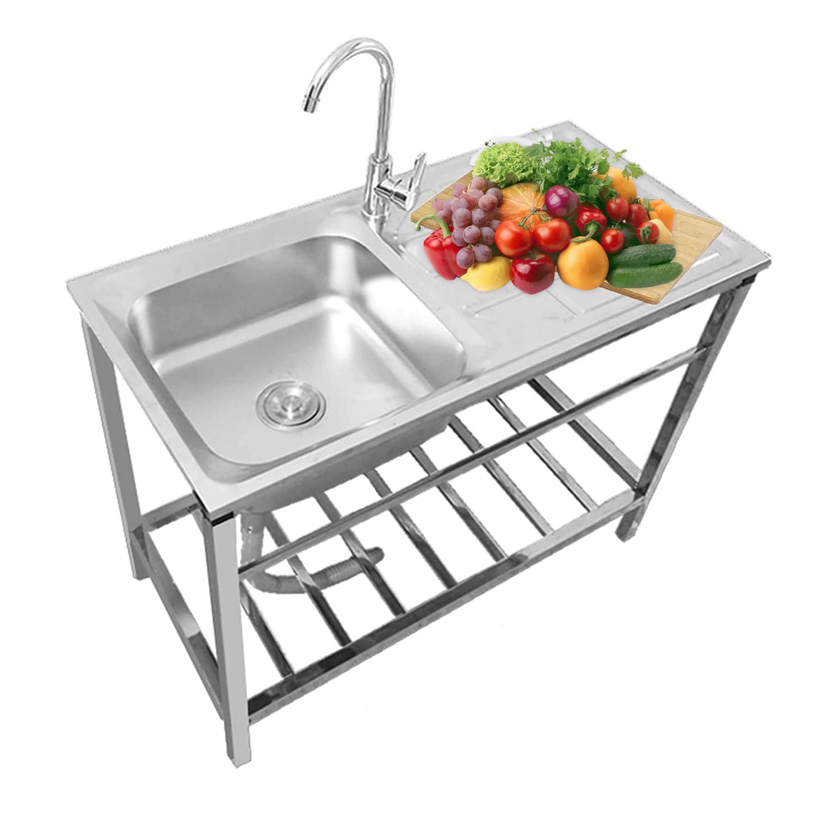 Stainless Steel Utility Sink Free Standing Single Bowl Commercial Restaurant Kitchen Sink W/Faucet & Drain,for Laundry Backyard Garage Camping Portable Handwashing Station (Color : Single c (Hot