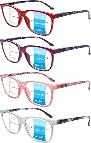 COJWIS Paquete de 4 lentes de lectura progresivos multienfoque anti luz azul, para lectura de computadora con bisagra de resorte para mujeres y