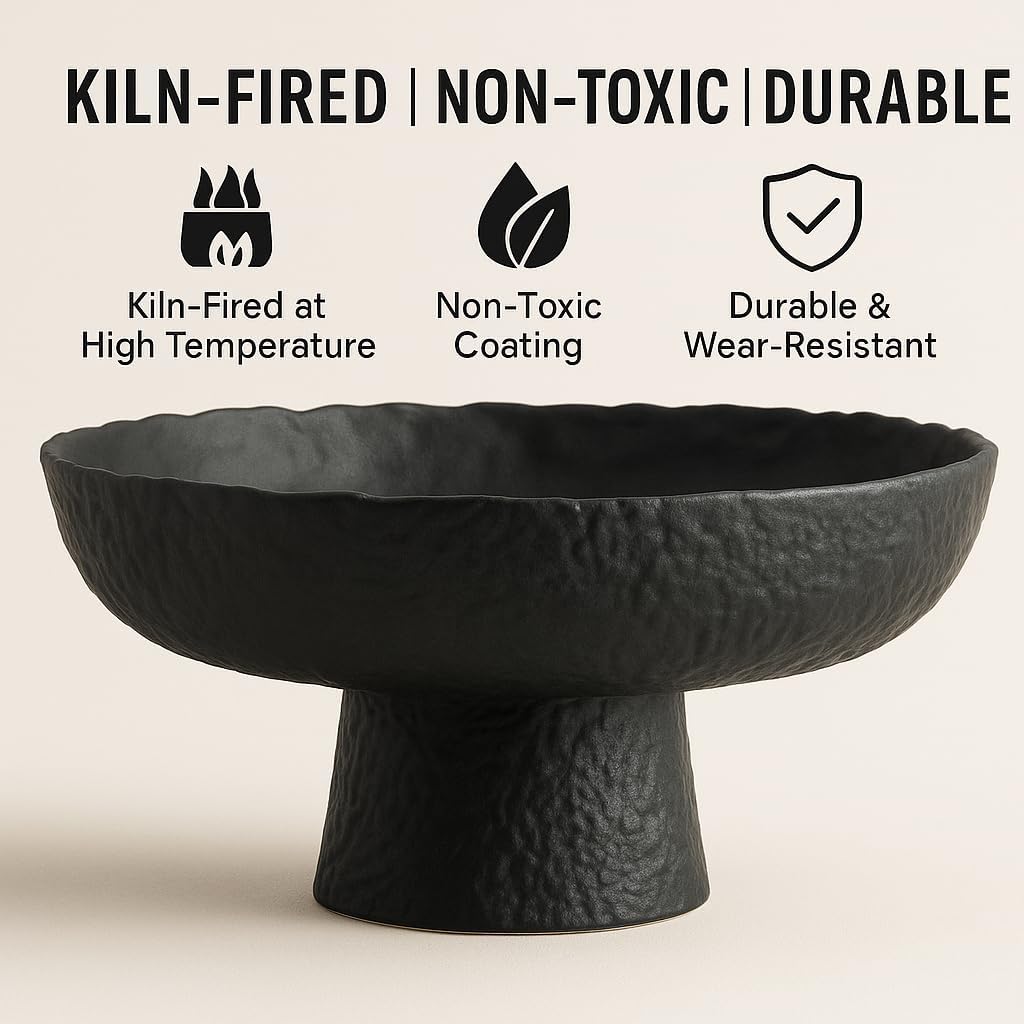 Fruit Bowl for kitchen decor Counter, 10.4‘’Large Decorative Bowl, Modern Display key bowls, High Foot Serving Blows with Irregular Edge Design, High-Temperature Fired Thickened Glass Bowl, Black