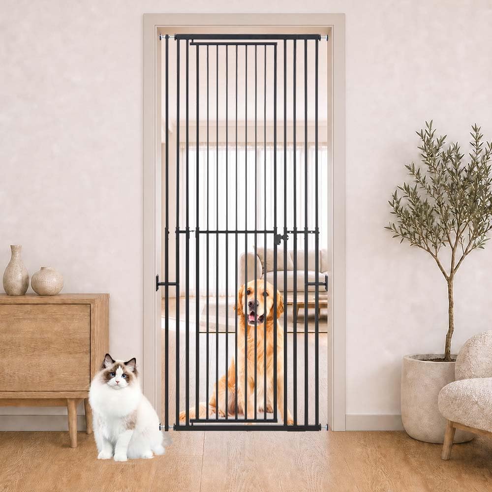 unipaws Extra Tall Cat Gate, Adjustable 119-220 cm Height, Fits 70-95cm Wide Openings, No-Drill Metal Pet Gate with Two-Way Door for Doorways, Stairs and Indoor Use, Black