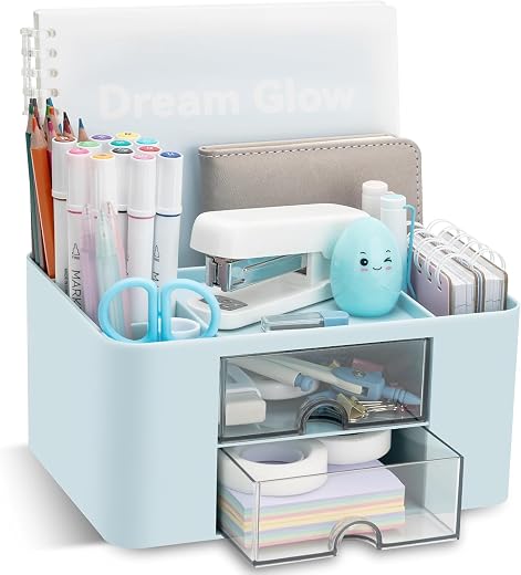 SHUTTLE ART Modern Desk Storage Organizer Box with 2 Drawers –Stackable Desk Organizer with Pen Holder and 5 Compartments – Perfect for Office, Home, School, Art Supplies, Crafts, and Stationery(Blue)