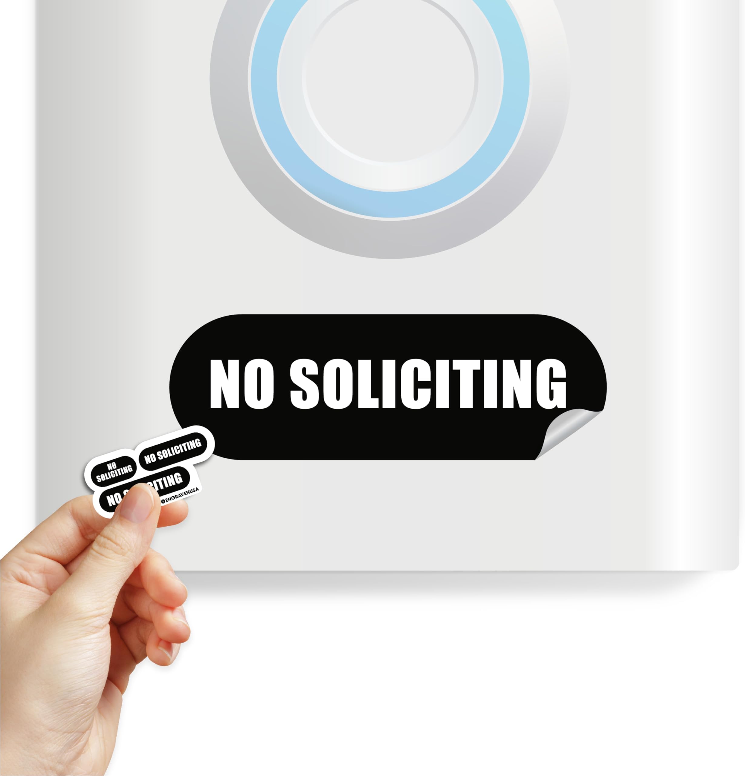 Tiny No Soliciting Sign for House | 3 Sizes No Soliciting Sign for Home | Tiny Size Perfect for Video Doorbell | Matte Weatherproof Sticker | Ideal for Apartment, Office and more (Black 3 Sizes)
