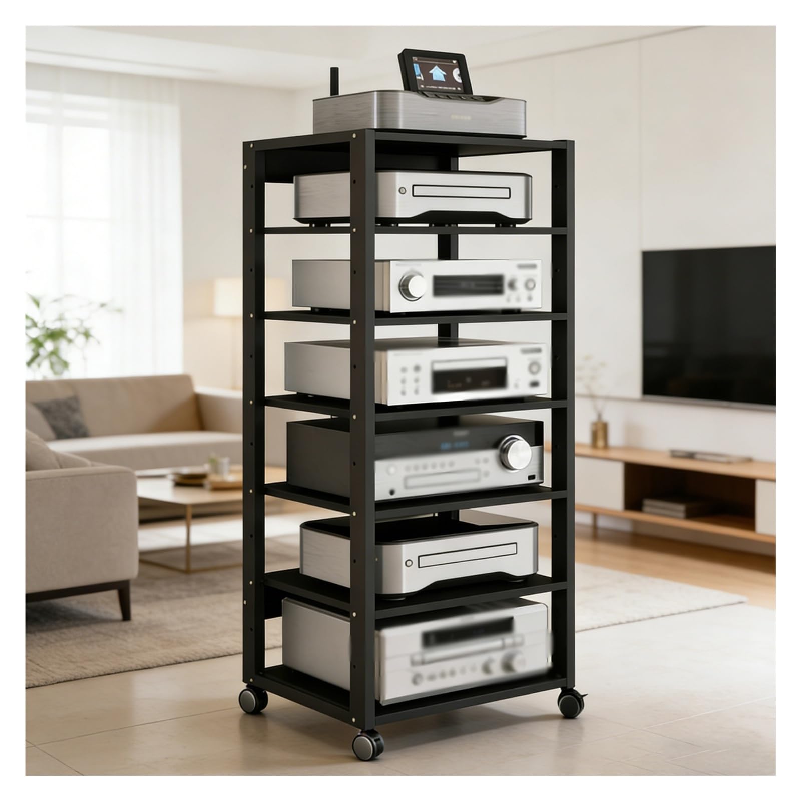 Generico Rack Audio Mobile con Ruote Universali,Mobiletto Portaoggetti Stereo Audio A 7 Ripiani,Mobile Stereo Hi Fi Rack HiFi per Soggiorno, Ufficio, Home Theater,Supporto TV Angolare(Nero)
