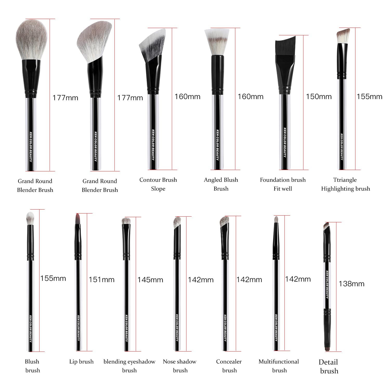 KENCOLOR Premium - Juego de brochas de maquillaje de 13 piezas con bolsa de viaje de poliuretano, mango acrílico de alta gama, cerdas sintéticas suaves y naturales, densas y no absorbentes, para una