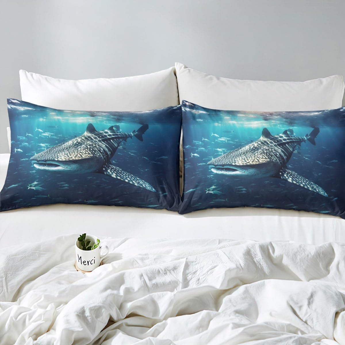 Feelyou Shark Duvet Cover Whale Shark Bedding Set Ocean Marine Theme Comforter Cover for Boys Girls Kids Room Decor Sea Underwater World Bedspread Twin Size with 1 Pillow Case (No Comforter)