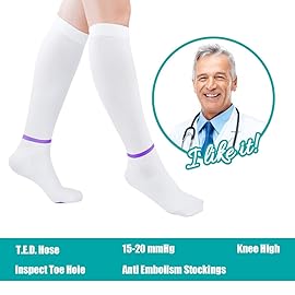 T.E.D. Hose Anti Embolism Stockings for Women Knee High, 15-20 mmHg Compression Socks with Inspect Toe Hole White