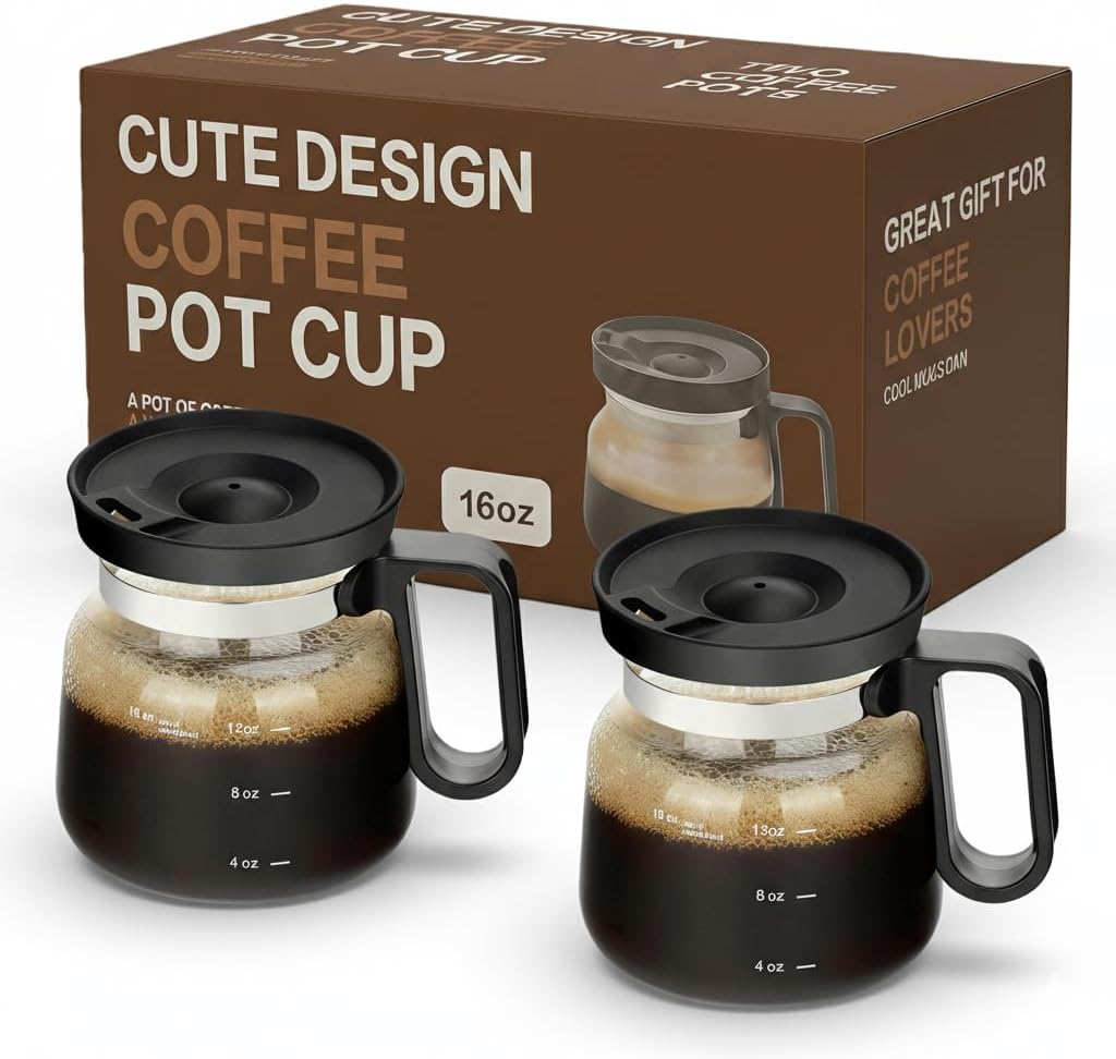 16 Oz Coffee Pot Mug,Mini Coffee Pot Cup,with Spill Proof Lid Heatproof Glass Mug Large Capacity ideal Gift for Coffee Lovers (2Pcs)