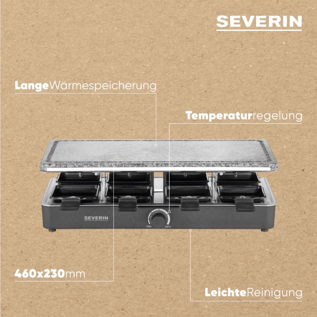 SEVERIN Raclette-Partygrill mit Naturgrillstein, Raclette mit Grillplatte aus Stein und 8 antihaftbeschichteten Pfännchen, Tischgrill für 8 Personen, max. 1300 W, schwarz, RG 2372