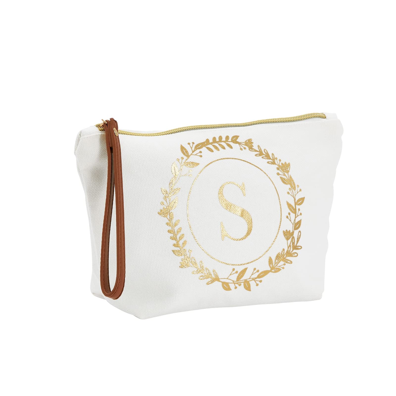 GlamlilyGold Initial S Personalized Makeup Bag for Women, Monogrammed Canvas Cosmetic Pouch (White, 10 x 3 x 6 In)