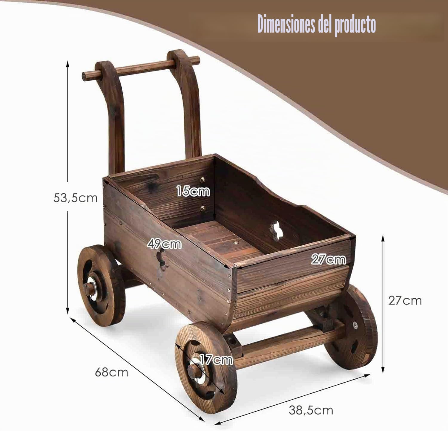 FANTASK Carro de Flores de Madera con Ruedas y asa, Carro de Plantas con Orificio de Drenaje, Carretilla rústica para jardín, terraza, Maceta, Carretilla, decoración de jardín, Jardinera