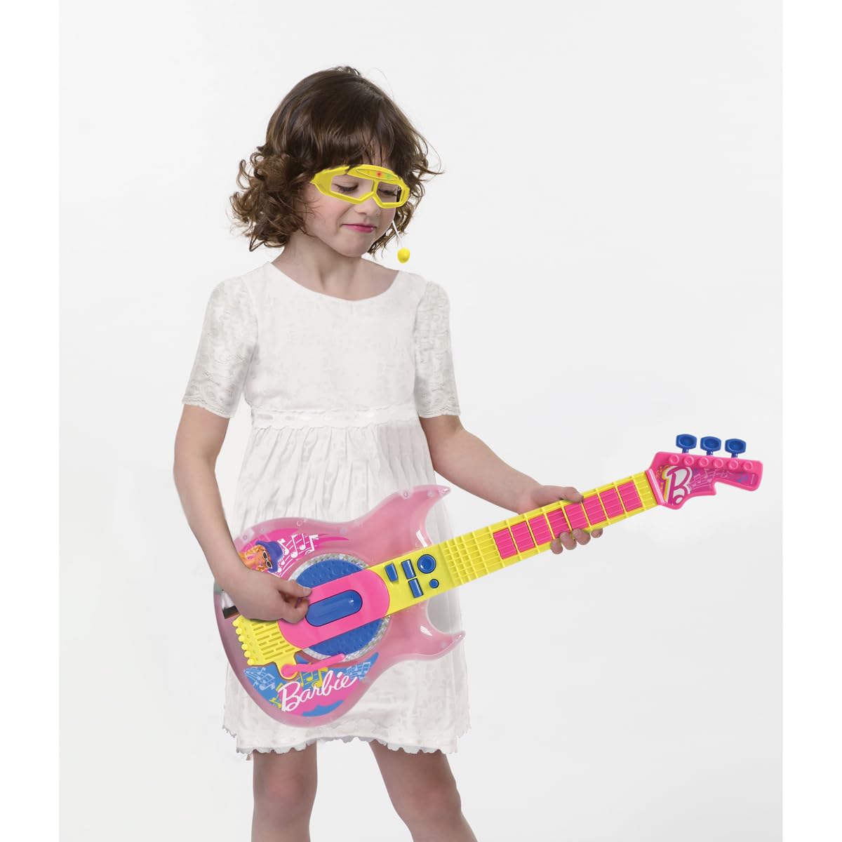 Lexibook, Barbie, Chitarra Elettronica con Microfono e Occhiali per Cantare con Stile, 2 modalità di Gioco, Melodie Dimostrative, Effetti di Luce, Rosa/Giallo, K260BBLXB