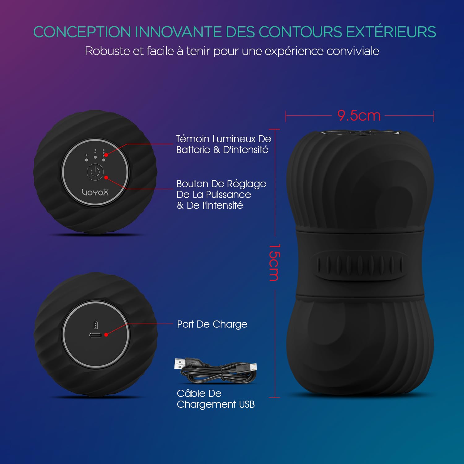 VOYOR-HEALTH Vibrant D'arachide Boule de Massage, Rouleau Silicone Électrique Rechargeable avec 4 Modes, Pour le Yoga, le Fitness, la Relaxation Musculaire du Corps, Ergonomique Portable MB300, Noir