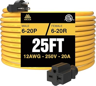 NEMA 6-20 Extension Cord 6-20P to 6-20R [Also for 6-15R Adapter] Tesla Mobile EV Level 2 Charging Heavy Duty 220 Volts 20 Amp 25FT ETL Listed